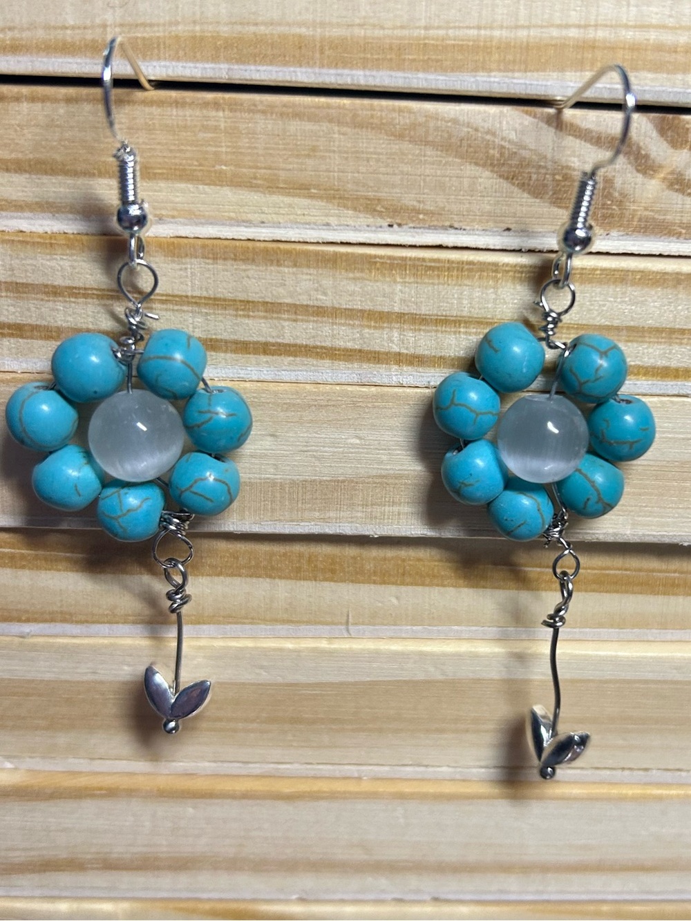 3/$25 Turquoise Flower Dangle Earrings with Silver Leaf Accent - Picture 3 of 5